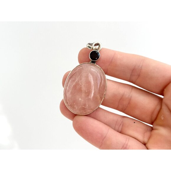 Rose Quartz Black Onyx Semi-Precious Gemstone Sterling Silver Vintage Pendant - Picture 7 of 10